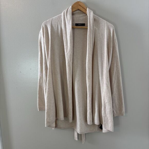 Zara Knit Womens Sweater Cardigan Belted Beige Long Sleeve Minimalist Sz… - Picture 1 of 9